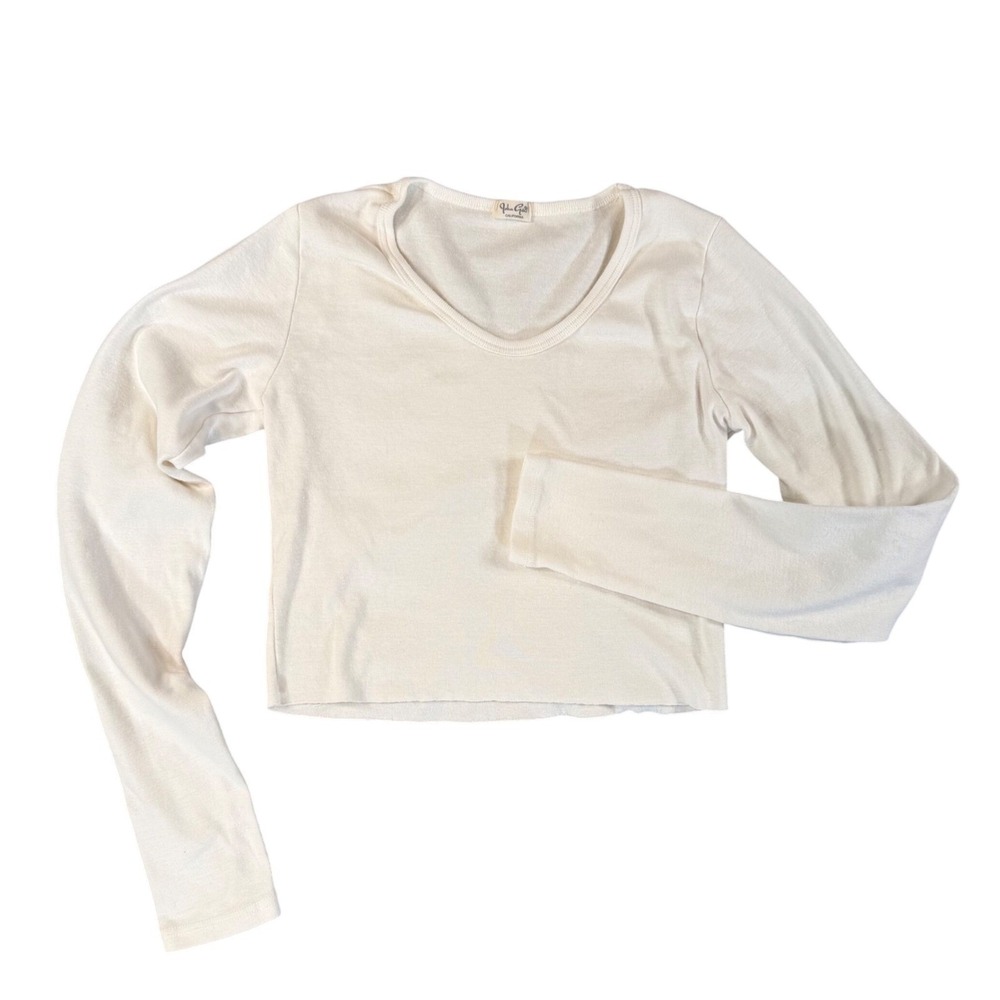 Brandy Melville J Galt Cream V Neck Long Sleeve Crop Top Women Ivory Soft Basic
